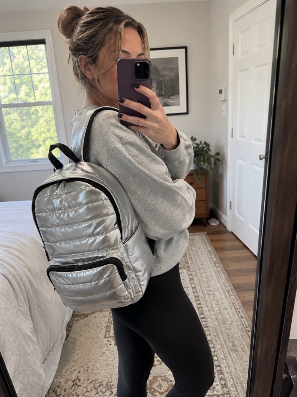 Celine Dion Dynamics Silver Metallic Puffer Backpack NWT Quilted Puff Travel Bag